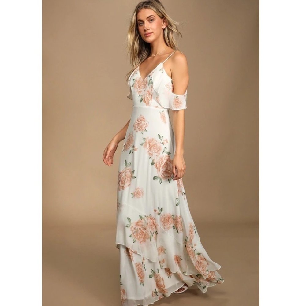 Lulu's Take You There Ivory Floral Print Maxi Dress Small